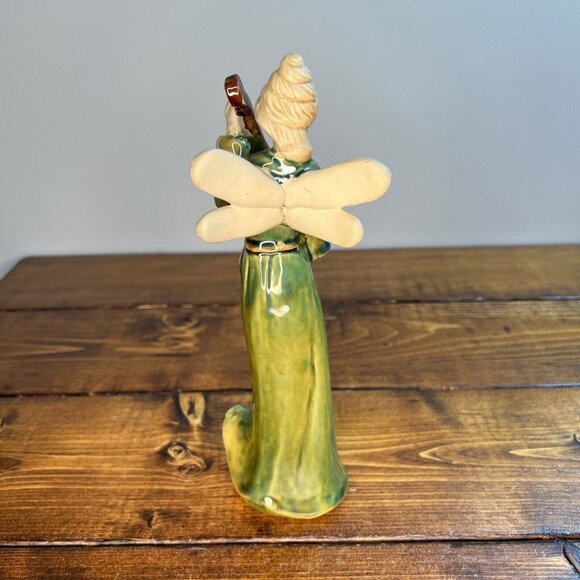 Woman with Wings Playing Mandolin Fairy Angel Ceramic green Figurine - Picture 4 of 10